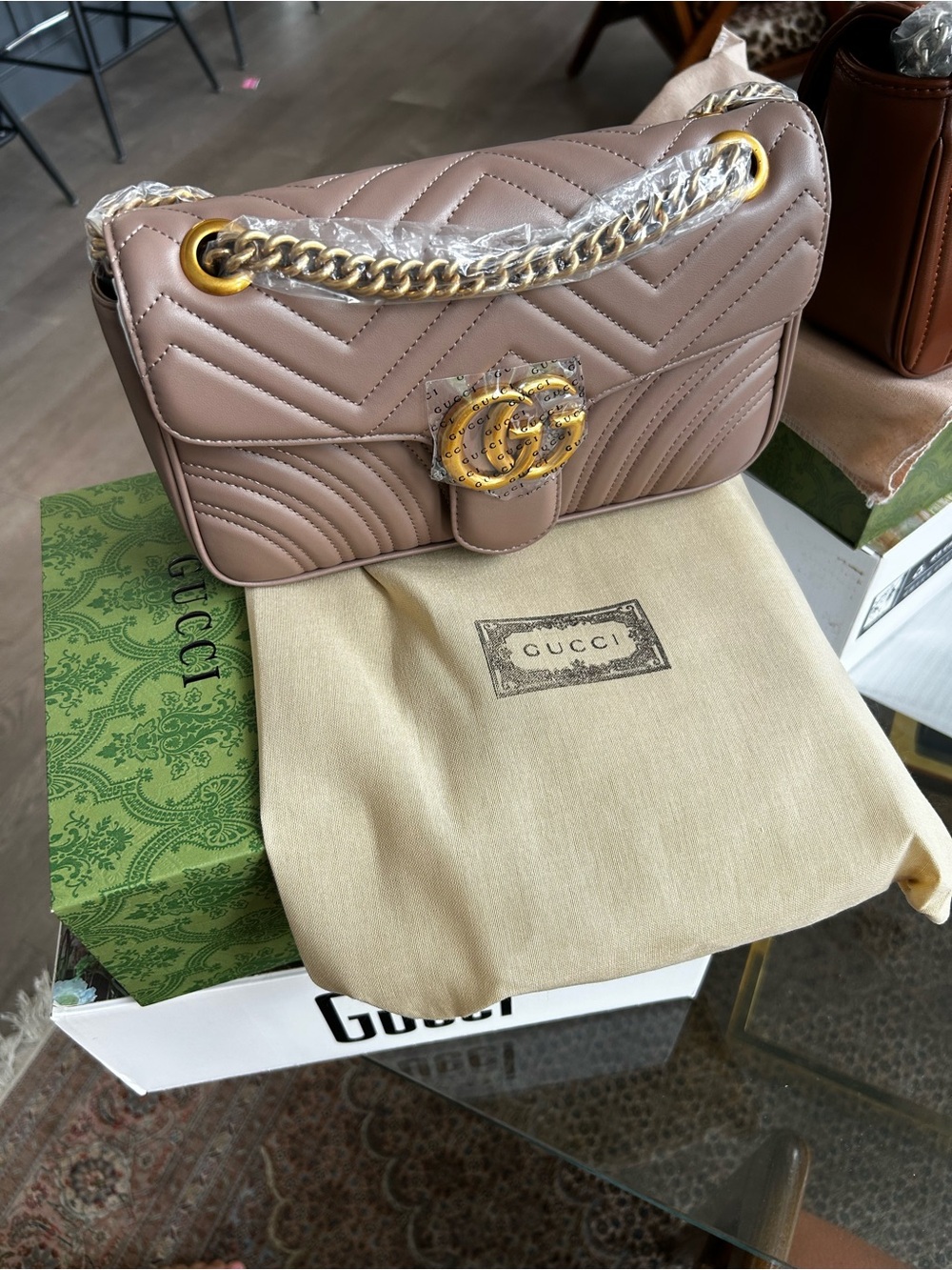 Gucci Quilted Shoulder Bag in Taupe with Gold Hardware